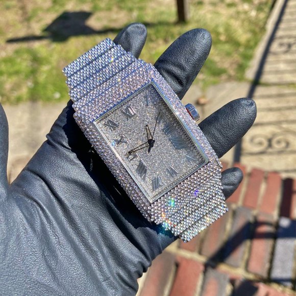 Full Iced Gold PT/ White Gold PT Hip Hop Rectangle Luxury Stylish Quartz Watch - Picture 2 of 16